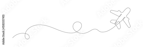 Airplane flying with curly line trail. Minimalist travel concept. Continuous line vector illustration