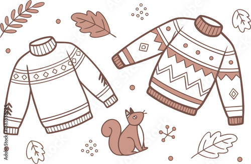 Cozy Autumn Sweaters with Squirrel and Leaves Illustration
