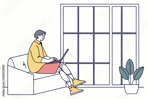 Man with prosthetic legs working from home on sofa in modern flat illustration style