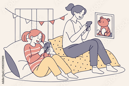 Teen girls using phones at sleepover in modern flat illustration style