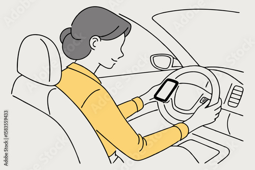 Woman driving while using phone touch screen in modern flat illustration style
