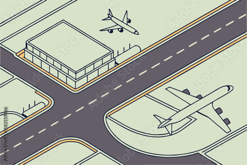 Airplanes on tarmac and runway from above in modern flat illustration style