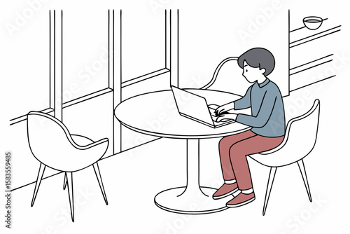 Boy doing homework on laptop at dining table in modern flat illustration style
