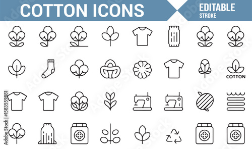 Set of Cotton and Fabric Icons for Eco-Friendly Clothing, Sewing, and Recycling