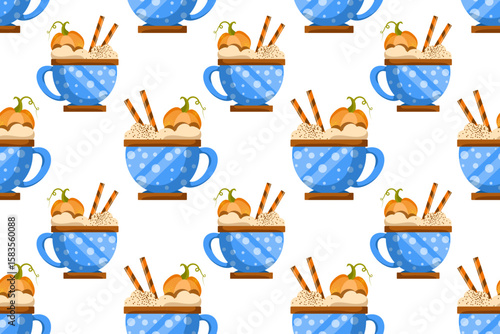 Autumn desserts flat seamless pattern. Pumpkin spice latte and cupcakes vector texture. Cappuccino, cake and leaves backdrop. Fall season food wrapping paper, wallpaper, textile design