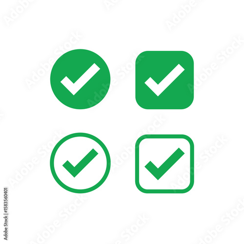 Checkmark Icon Set: A collection of green checkmark icons, in various styles and shapes, perfect for signifying approval or completion. 