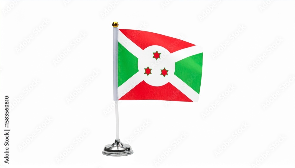 The national flag of Burundi—quartered by a white diagonal cross with red above and below, green on the sides, and a central white circle holding three six-pointed red stars outlined The national flag of Burundi—quartered by a white diagonal cross with red above and below, green on the sides, and a central white circle holding three six-pointed red stars outlined