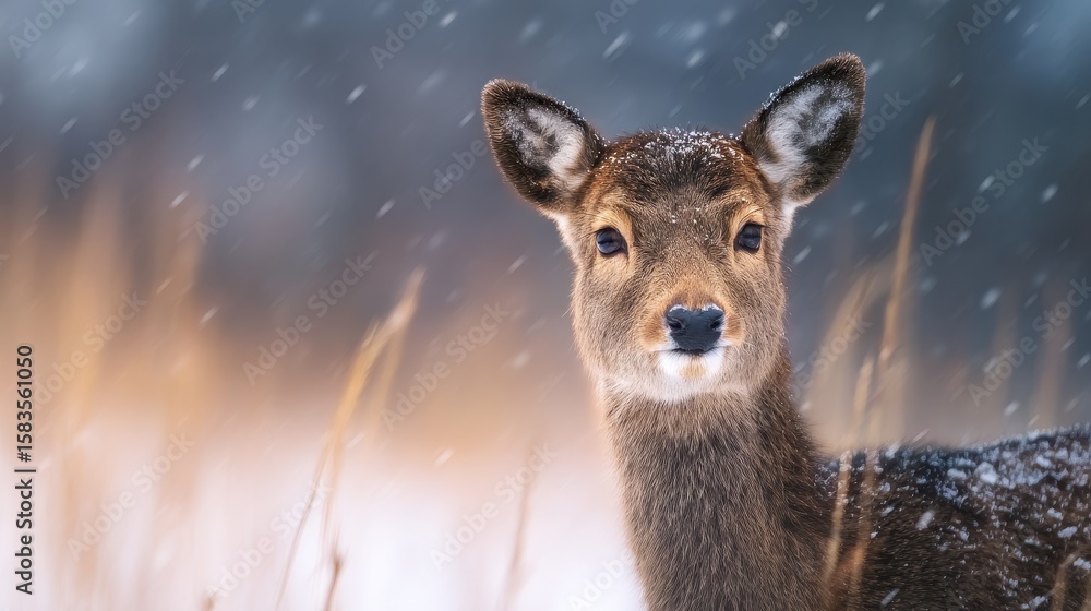 Fototapeta premium A serene deer gazing into the camera amidst falling snow in a tranquil winter landscape