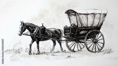Black silhouette of horse and carriage on white background