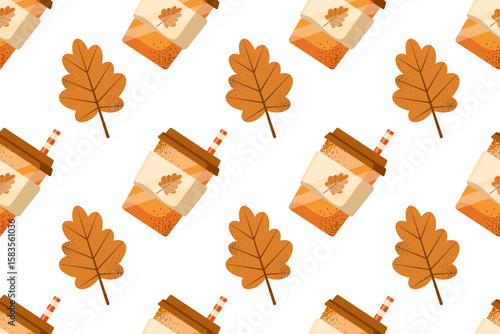 Autumn desserts flat seamless pattern. Pumpkin spice latte and cupcakes vector texture. Cappuccino, cake and leaves backdrop. Fall season food wrapping paper, wallpaper, textile design