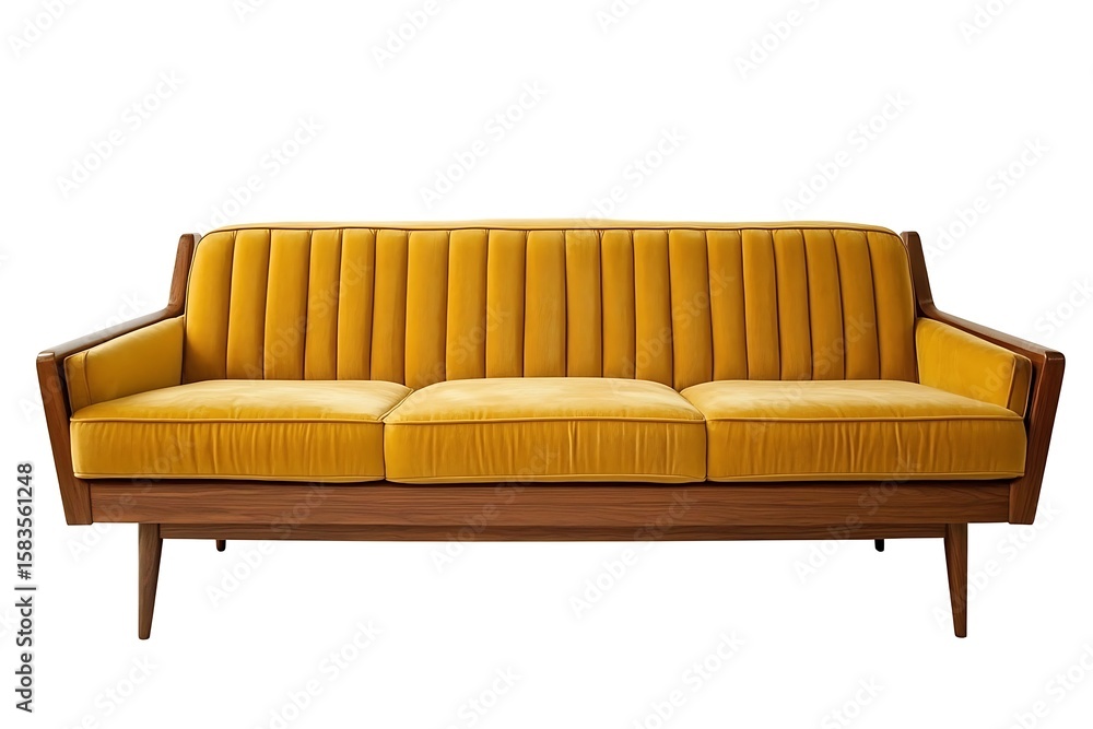 Obraz premium Stylish Yellow Velvet Sofa with Wooden Frame on White Background