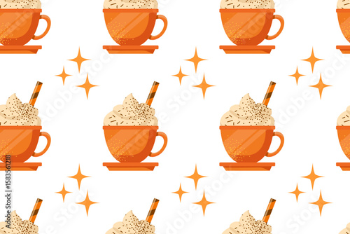 Autumn desserts flat seamless pattern. Pumpkin spice latte and cupcakes vector texture. Cappuccino, cake and leaves backdrop. Fall season food wrapping paper, wallpaper, textile design