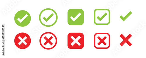 Checkmark and Crossmark A collection of checkmarks and crossmarks, presented in different shapes and styles. These symbols represent affirmation and rejection.  icon set,
