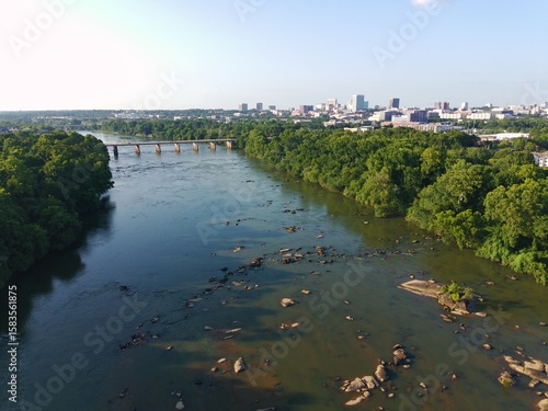 Aerial view of the Congaree River looking North towards the city of Columbia SC on a warm evening
