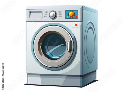 Realistic high-quality modern white washing machine appliance, isolated on white background. Sleek design with detailed control panel and clean surfaces. Vector illustration