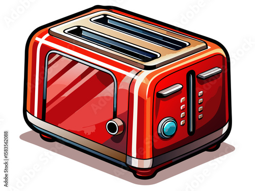 Realistic high-quality red two-slice toaster with stainless steel details, isolated on white background. Modern kitchen appliance designed for evenly toasting bread. Vector illustration