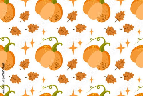 Autumn desserts flat seamless pattern. Pumpkin spice latte and cupcakes vector texture. Cappuccino, cake and leaves backdrop. Fall season food wrapping paper, wallpaper, textile design