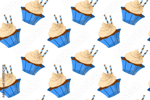 Autumn desserts flat seamless pattern. Pumpkin spice latte and cupcakes vector texture. Cappuccino, cake and leaves backdrop. Fall season food wrapping paper, wallpaper, textile design