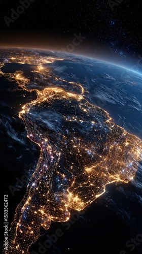 Nighttime satellite view of South America illuminated by city lights, showcasing the continent's geography and urban development from space.