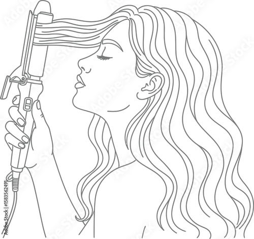 Elegant woman styling her hair with a curling iron, a simple line art.