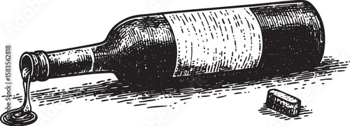 spilled wine from the bottle sketch engraving vector illustration. T-shirt apparel print design. Scratch board imitation. Black and white hand drawn image.