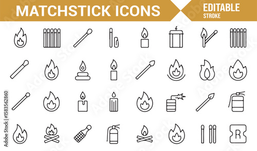 Clean Line Art Matchstick Icons Set for Fire, Light, and Flame-related Elements