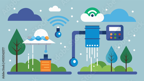 An IoTenabled sprinkler system automatically turns on and off based on realtime weather data optimizing water usage and reducing waste.. Vector illustration