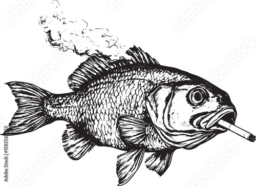 fish smokes a cigarette sketch raster illustration
