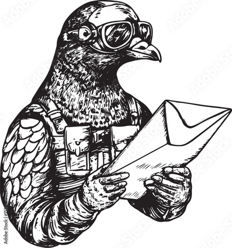 Homing Carrier pigeon with letter and old pilot helmet sketch engraving vector illustration. T-shirt apparel print design. Scratch board imitation. Black and white hand drawn image.