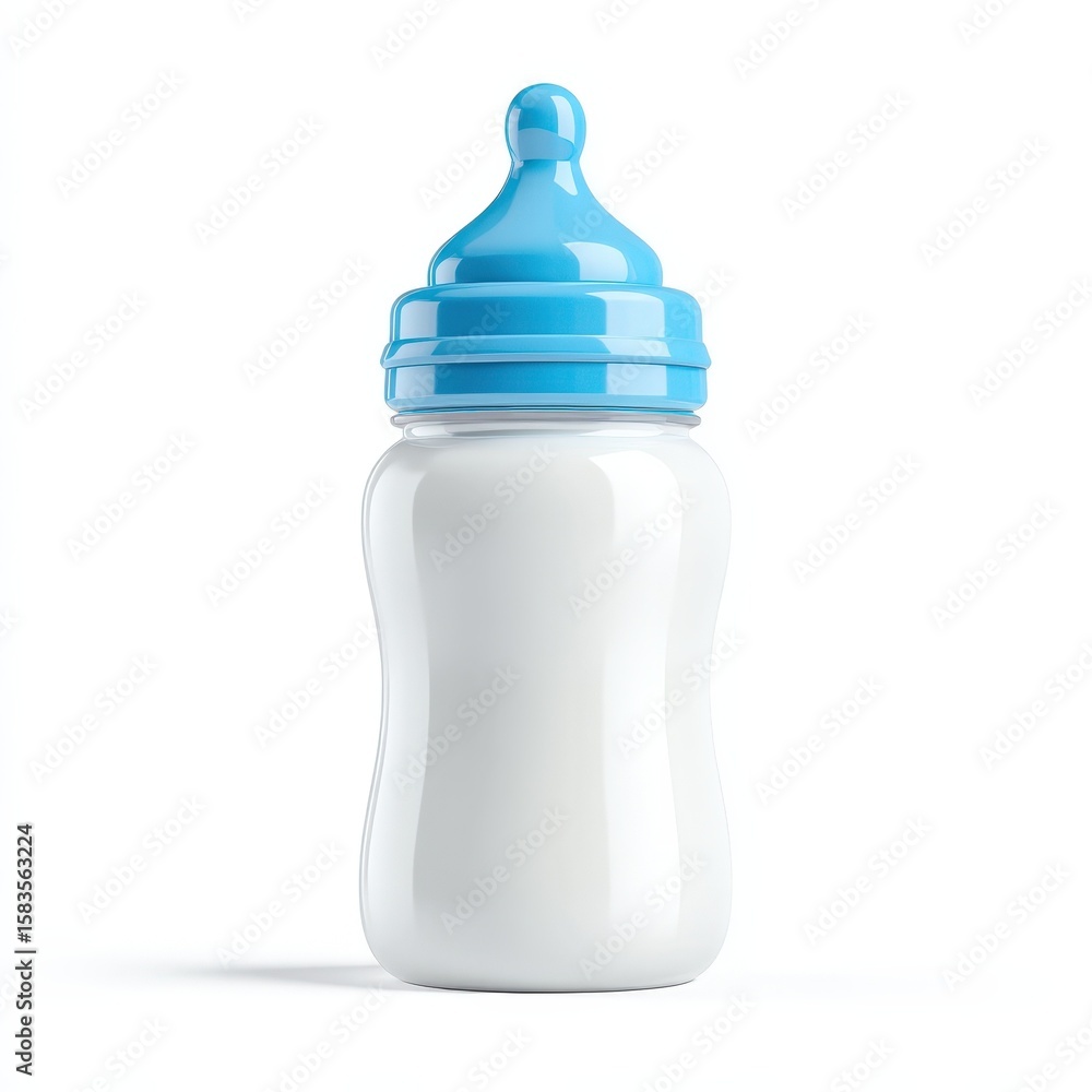 Baby Bottle with Milk White Plastic Bottle and Blue Nipple for Infant Feeding Baby Bottle with Milk White Plastic Bottle and Blue Nipple for Infant Feeding