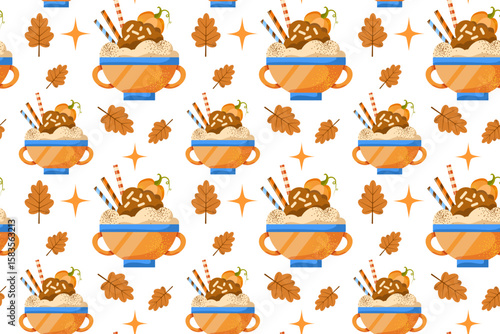 Autumn desserts flat seamless pattern. Pumpkin spice latte and cupcakes vector texture. Cappuccino, cake and leaves backdrop. Fall season food wrapping paper, wallpaper, textile design