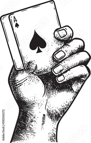 Sharper or magician hand with card sketch engraving vector illustration. T-shirt apparel print design. Scratch board imitation. Black and white hand drawn image.