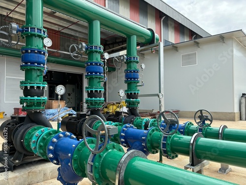 Quadro su tela Industrial cooling tower system with metal piping, heat exchangers, and elevated pipe racks under blue sky