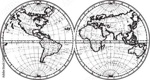 medieval old world map sketch engraving vector illustration. T-shirt apparel print design. Scratch board imitation. Black and white hand drawn image.