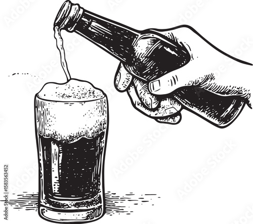 pouring beer from bottle into glass sketch engraving vector illustration. T-shirt apparel print design. Scratch board imitation. Black and white hand drawn image.