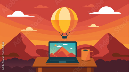 The blinding sun reflects off the screen of a digital nomads laptop as they take in the stunning views from their hot air balloon office.. Vector illustration