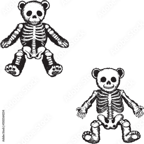 teddy bear skeleton line art sketch engraving vector illustration. T-shirt apparel print design. Scratch board imitation. Black and white hand drawn image.