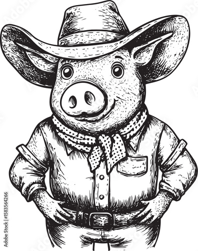 Cartoon cowboy piggy color line art sketch engraving vector illustration. T-shirt apparel print design. Scratch board imitation. Black and white hand drawn image.