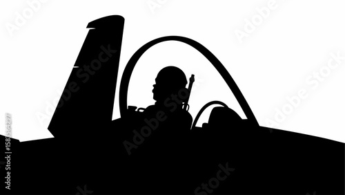 Silhouette of a pilot in the cockpit of a fighter jet against a white background showing the canopy and tail | editable eps vectors