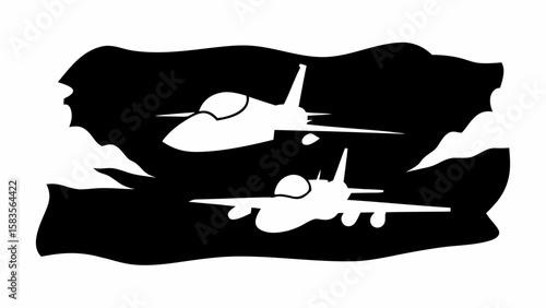 Two fighter jets flying in formation against a dark sky with cloud like shapes in black and white style | editable eps vectors silhouette