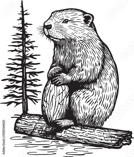 beaver and tree sketch engraving vector illustration. T-shirt apparel print design. Scratch board imitation. Black and white hand drawn image.