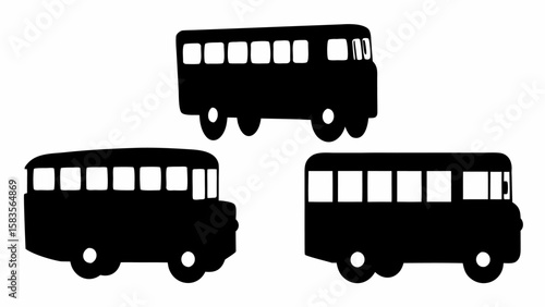 Three black silhouettes of buses with multiple windows and wheels on a white background design vector image | editable eps vectors