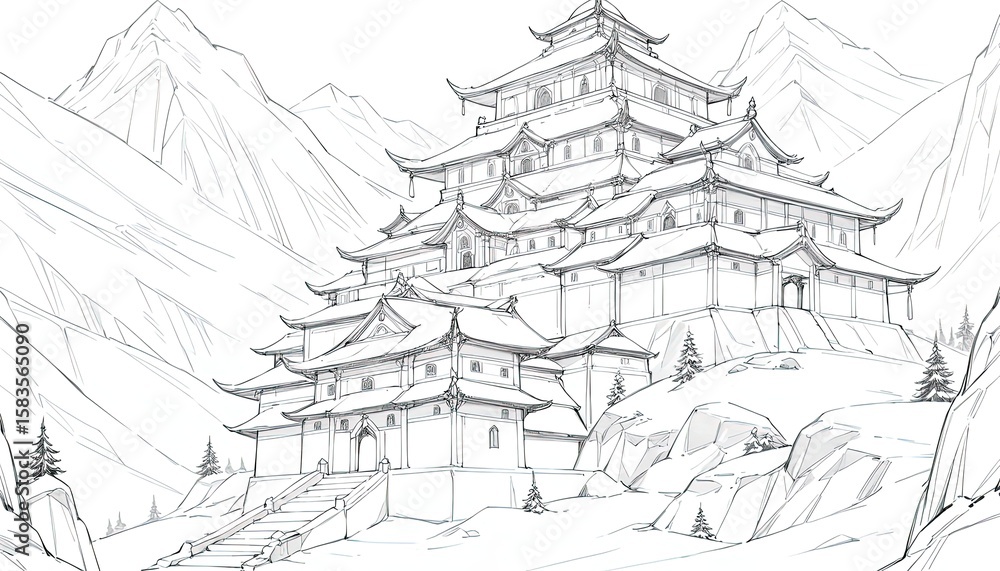 Naklejka premium Majestic asian-inspired palace nestled in a mountainous landscape.