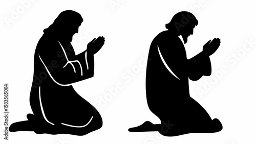 Two silhouettes of a person kneeling in prayer with hands together on a white background view side | editable eps vectors