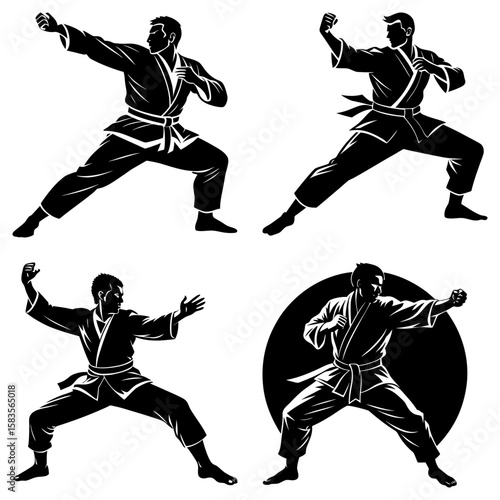 Illustrations showing martial arts poses in black and white with various stances and fighting positions