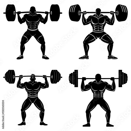 Four weightlifters lifting barbells in a black and white illustration showing strength and fitness