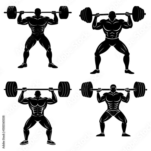 Four weightlifters lifting barbells with visible muscles in a vector style illustration on white background