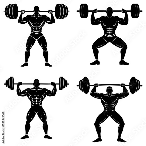 Four black and white illustrations of a weightlifter lifting a barbell in different poses and stances