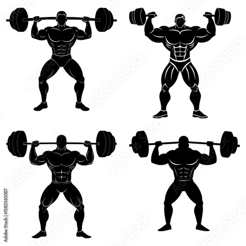 Four weightlifters in silhouette lifting heavy barbells in a weightlifting competition or training session