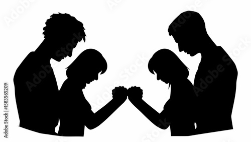 Silhouette of two couples holding hands in a gesture of support or prayer against a white background | editable eps vectors